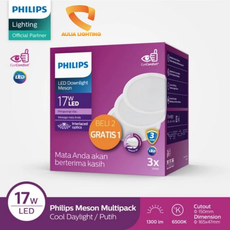 LAMPU DOWNLIGHT PHILIPS 17W BULAT MESON PACK BELI 2 GRATIS 1 LED MULTIPACK 17 WATT 59466 PROMO PAKET ORIGINAL SNI GARANSI