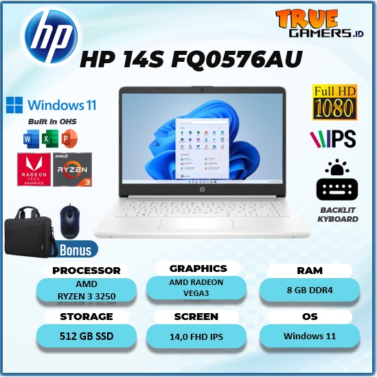 HP 14S  FQ0576AU  Ryzen 3 3250 8GB 512ssd W10+OHS 14.0FHD SLV