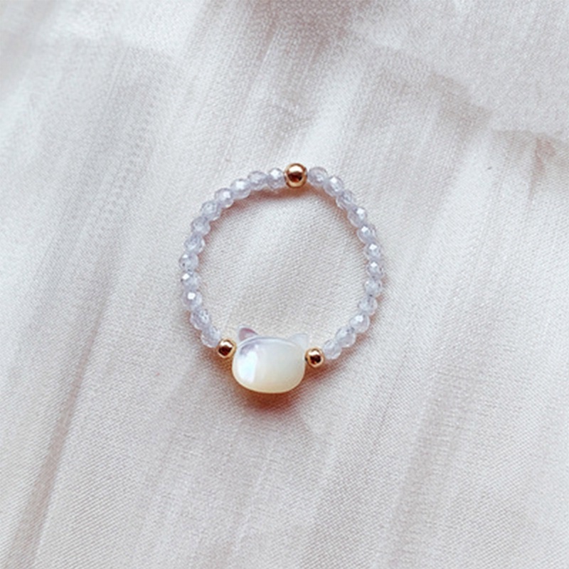 Cincin Kristal Imitasi Handmade Bentuk Kucing Warna Hitam Putih Gaya Korea Untuk Wanita