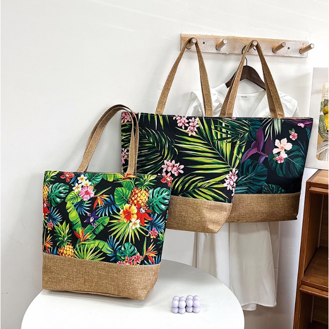 Tas kanvas dengan model resleting handbag / totebag besar premium kanvas corak bunga / tas  wanita i