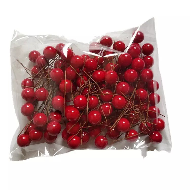 100Pcs RED mini Artificial Cherry Simulation Small Cherry Foam Plastic Fake Fruit Model Party Christmas Decoration 10mm