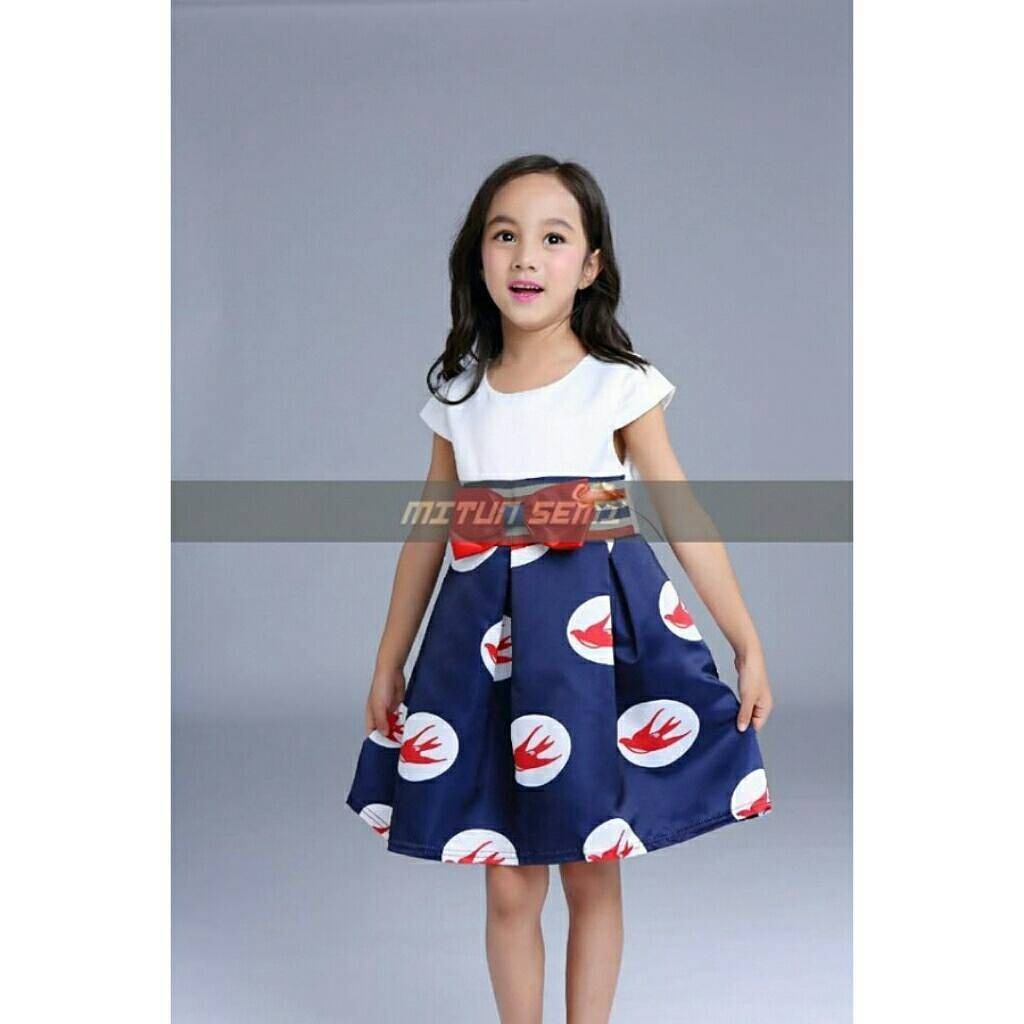 Dress Anak WArna Navy Gambar Burung Walet Gaun Anak 3 Tahun White Navy