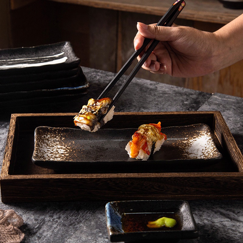 Piring Keramik Jepang Sushi Plate Persegi Panjang - Black Series