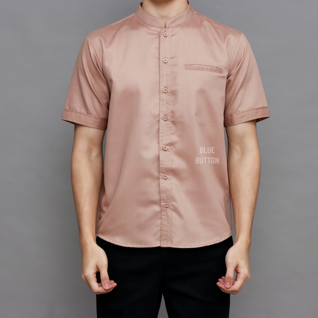 BlueButton Kemeja Koko Polos Lengan Pendek Kerah Shanghai Pria Warna Salem
