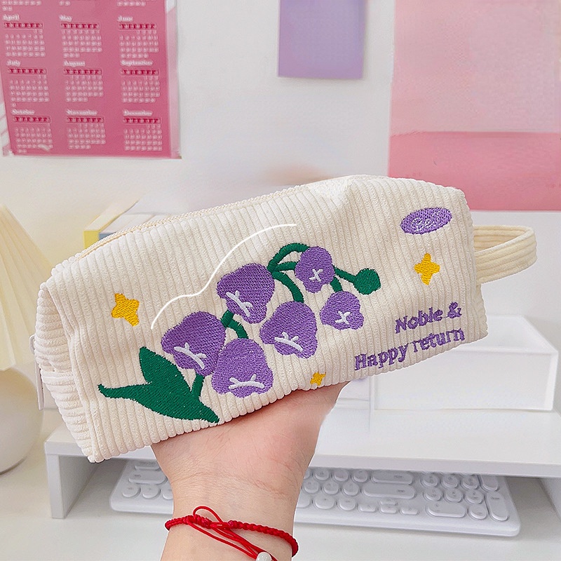 

1pc Cute Pencil Bag Kawaii Embroidery Floral Earth Pencil Case Fabric High Capacity Pen Storage Bag