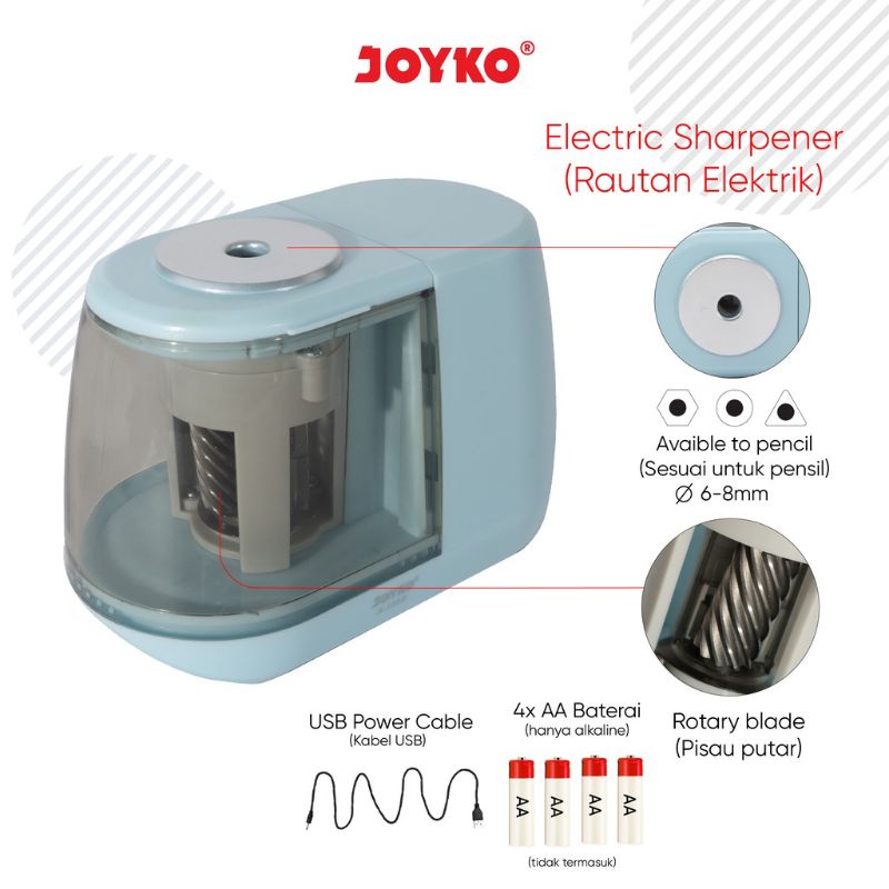 

JOYKO A159E ELECTRIC SHARPENER SERUTAN OTOMATIS RAUTAN PENSIL BATERAI BATERE USB