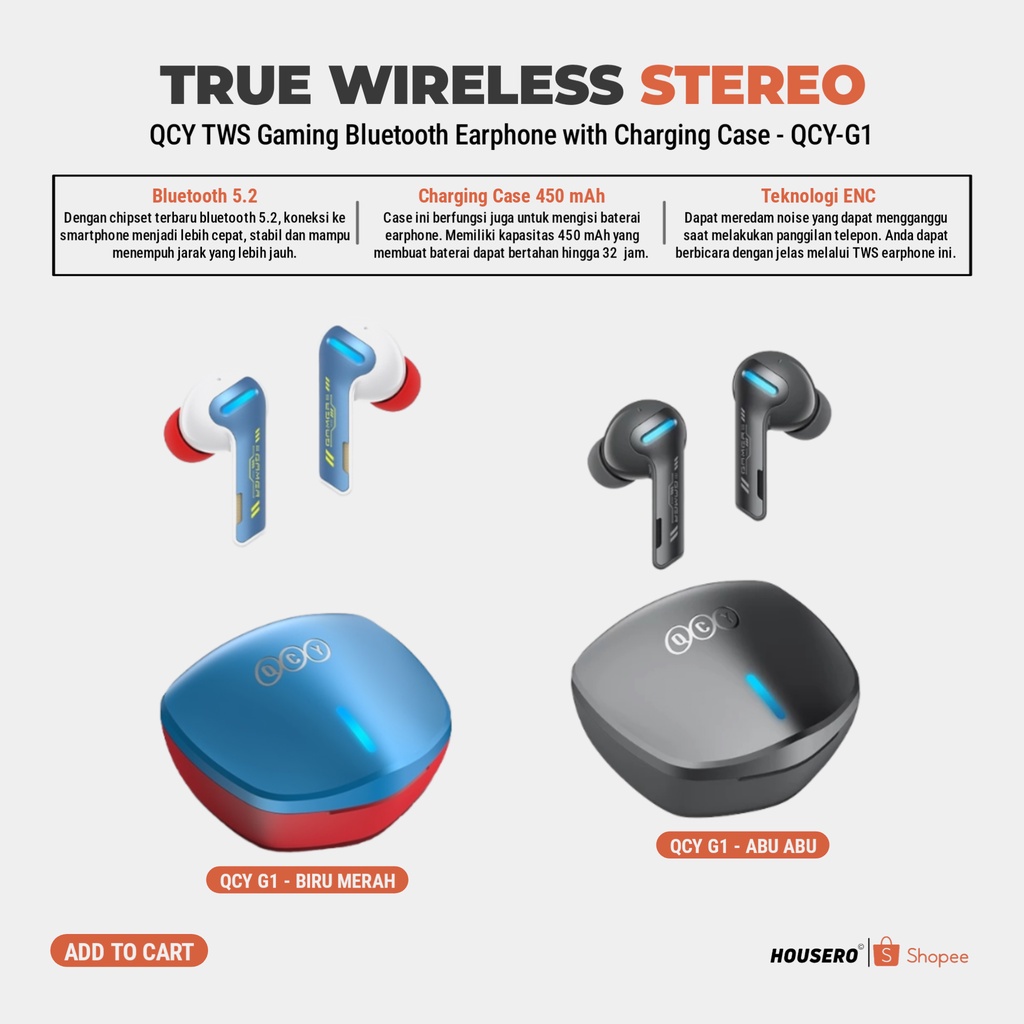 BARU QCY TWS Gaming E-Sport Bluetooth No Delay Earphone with Charging Case Original - QCY-G1