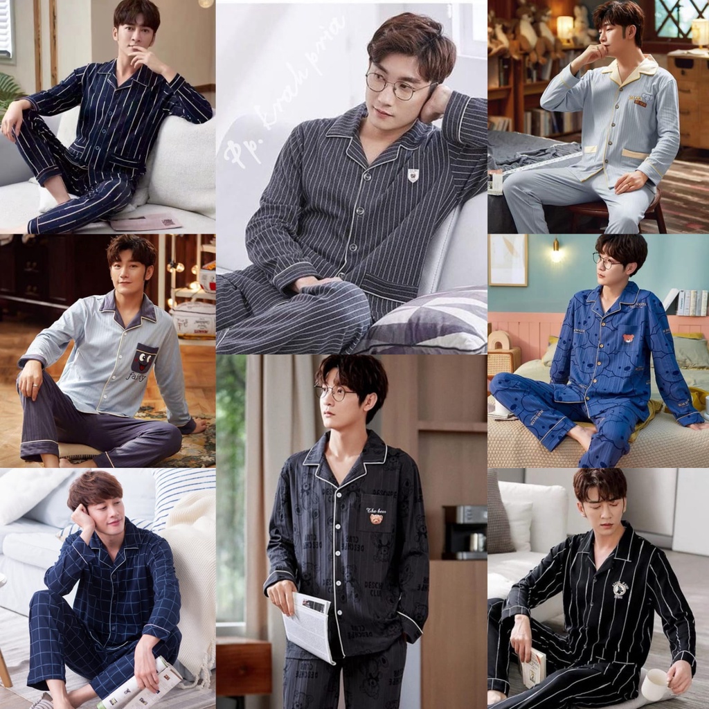 ONESET PIYAMA PRIA/Setelan Piyama Baju Tidur Pria Import Lengan Panjang/Piyama Dewasa Bahan RIB