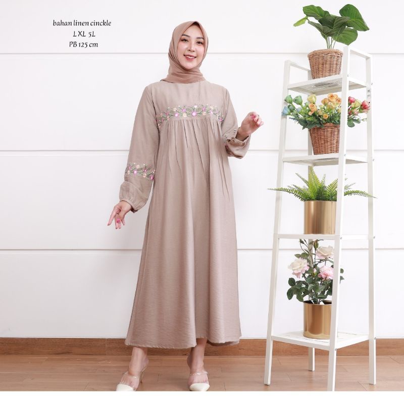 Zaja - Kanaya Midi Dress Bordir Cantik Matt Linen Cringkel Terbaru