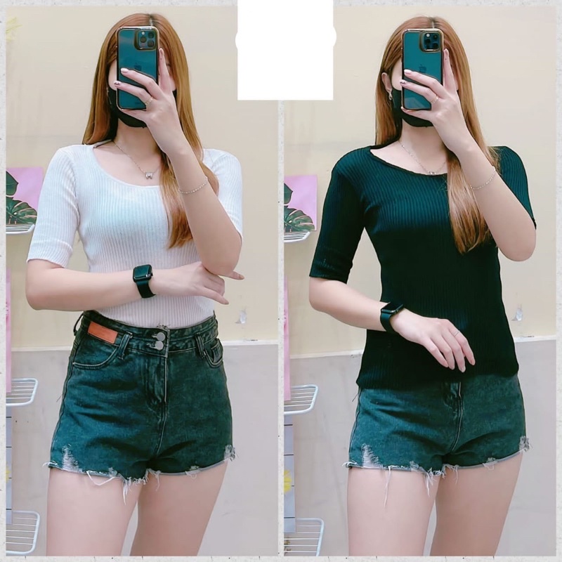 SQUARE NECK Wanita Pakaian - Atasan Lengan 3/4 - Baju Rajut Korea