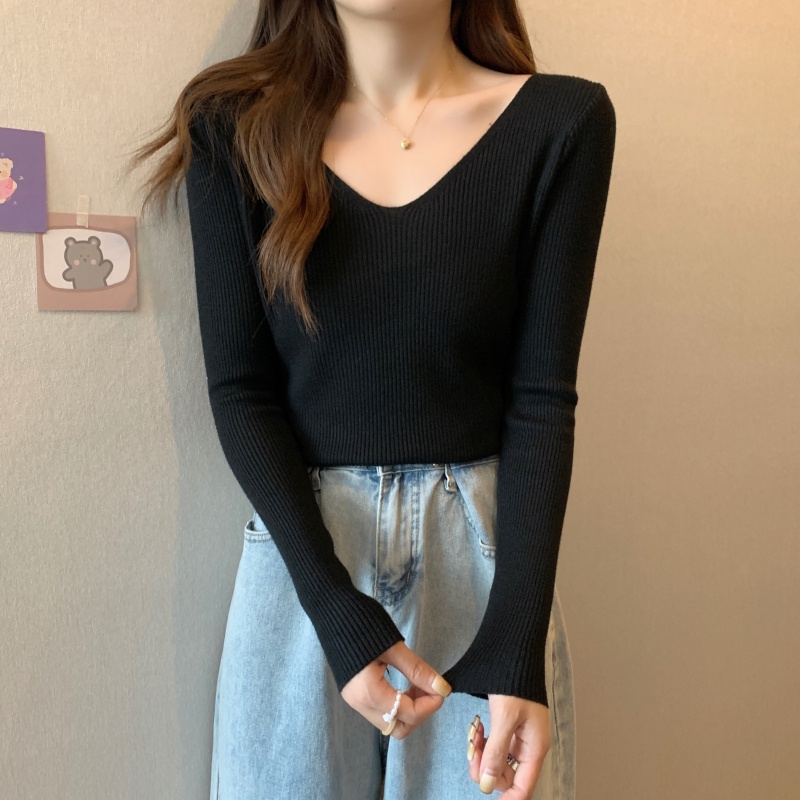 Sweater V-neck rajut lengan panjang kasual Wanita Korea