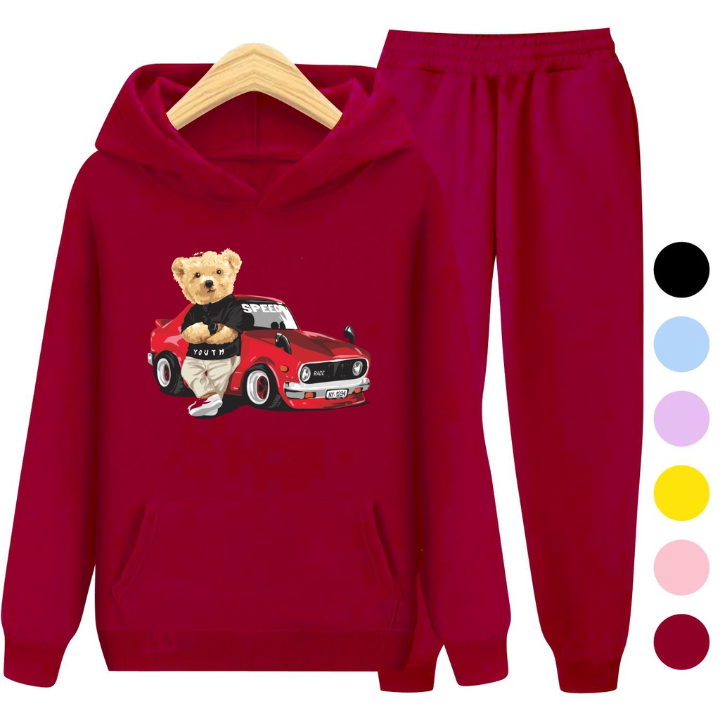 Setelan Sweater Anak + Celana TEDDY CAR / Set Sweater Hoodie Anak Laki - Laki Remaja Kekinian Terbaru