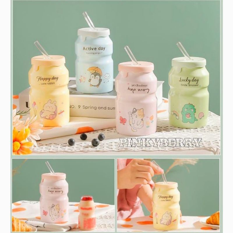 Mug Keramik Lucu / Mug Keramik Unik / Cangkir Keramik Bentuk Botol Yakult / Gelas Keramik Tutup Sili