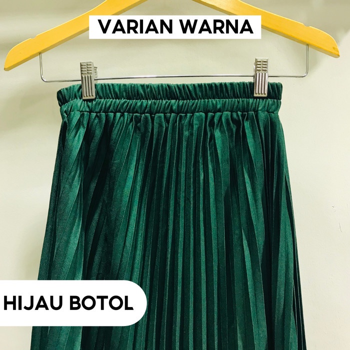 Rok plisket jumbo / rok panjang payung pakaian muslimah warna terang - HIJAU BOTOL