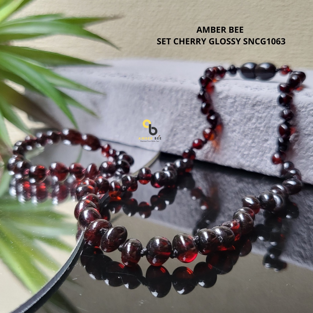 Set Kalung Gelang Amber Bayi &amp; Anak TK/SD Premium Glossy Cherry by Amber Bee NBGC1063