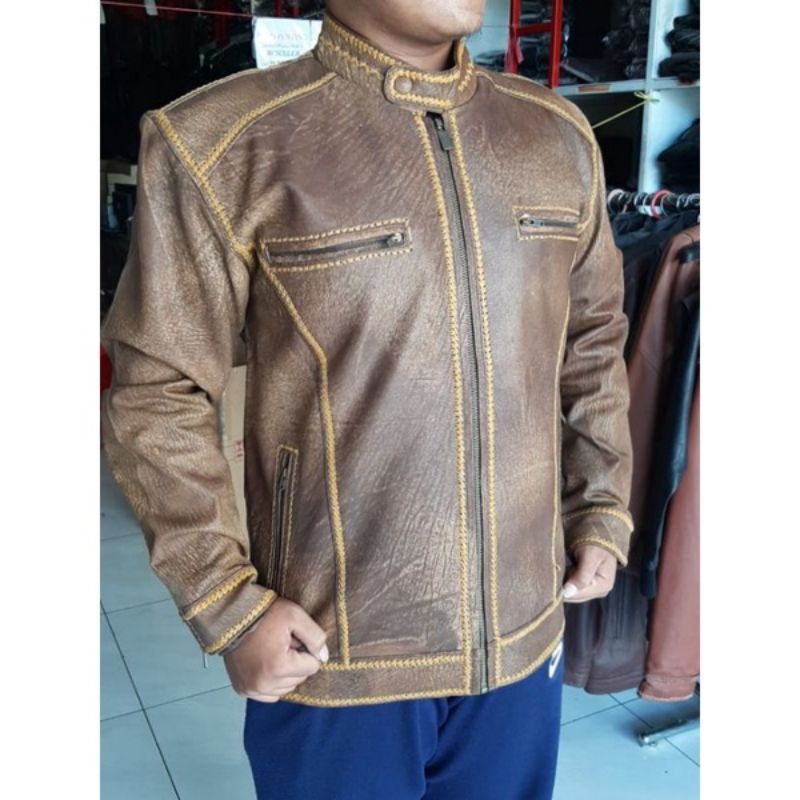 Jaket Pria Kulit Asli Domba Made in Garut Model Sulam Wash Size Jumbo Jaket Kulit Asli full Anti Api