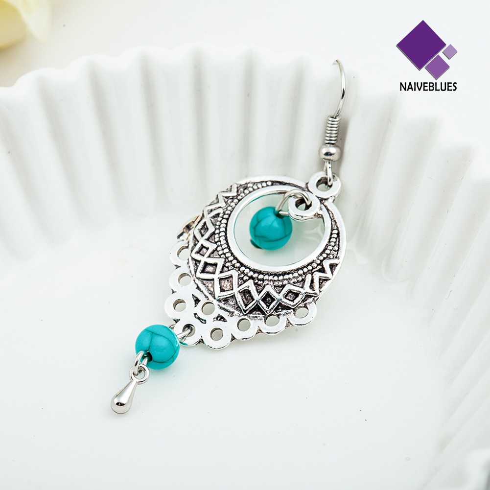 Anting Kait Gantung Wanita Desain Hollow Hias Manik-Manik Turquoise Gaya Boho Untuk Pernikahan
