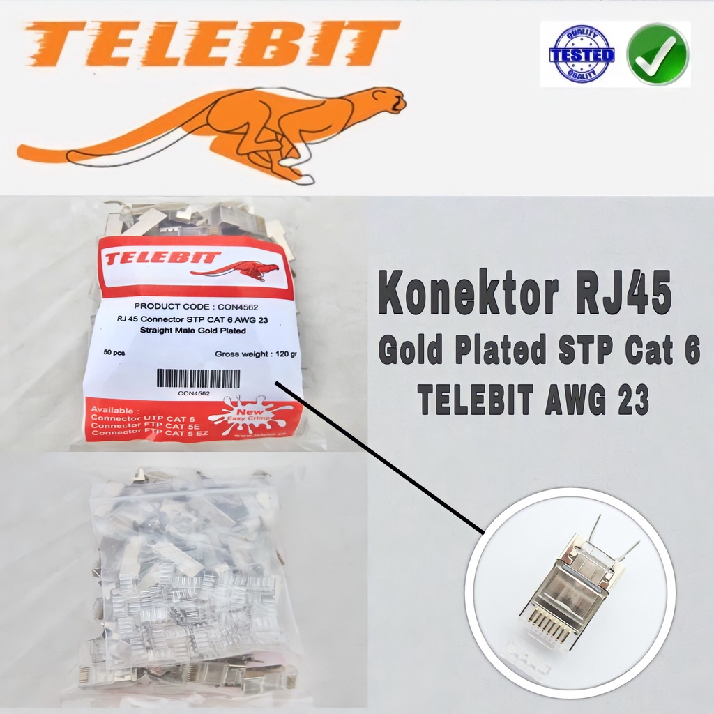 Konektor RJ45 GOLD PLATED STP CAT 6 TELEBIT HARGA SATUAN