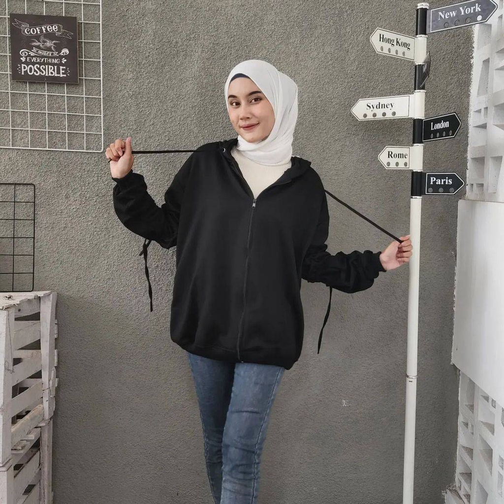 EMILY HOODIE ZIPPER Tangan Serut Wanita Oversize Fashion Terkini Ala Korean OOTD Kasual Desain Simple