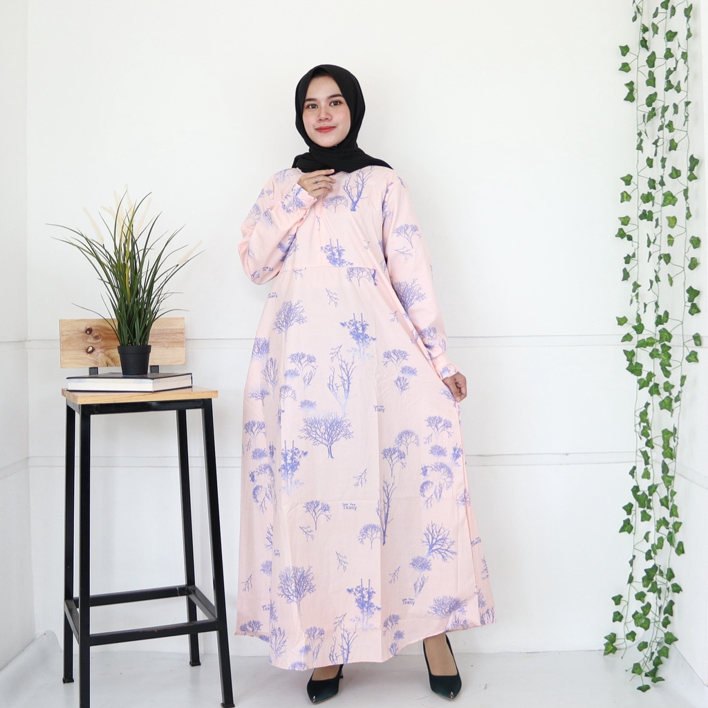 IZANY GAMIS / Dress Muslim XXL Jumbo Lengan Kancing Banyak Motif-FALLEN TREE PEACH