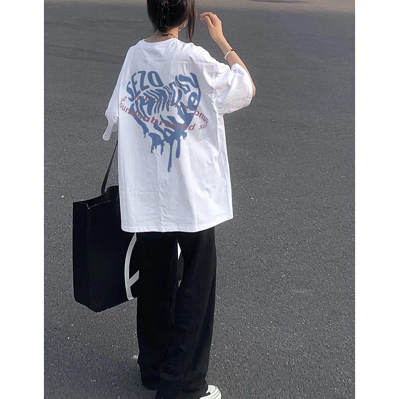 EUNII T-shirt Lengan Pendek Cinta Coretan Pencetakan Longgar Korean Style/Kaos Atasan Wanita/Baju Kaus Oversize Wanita