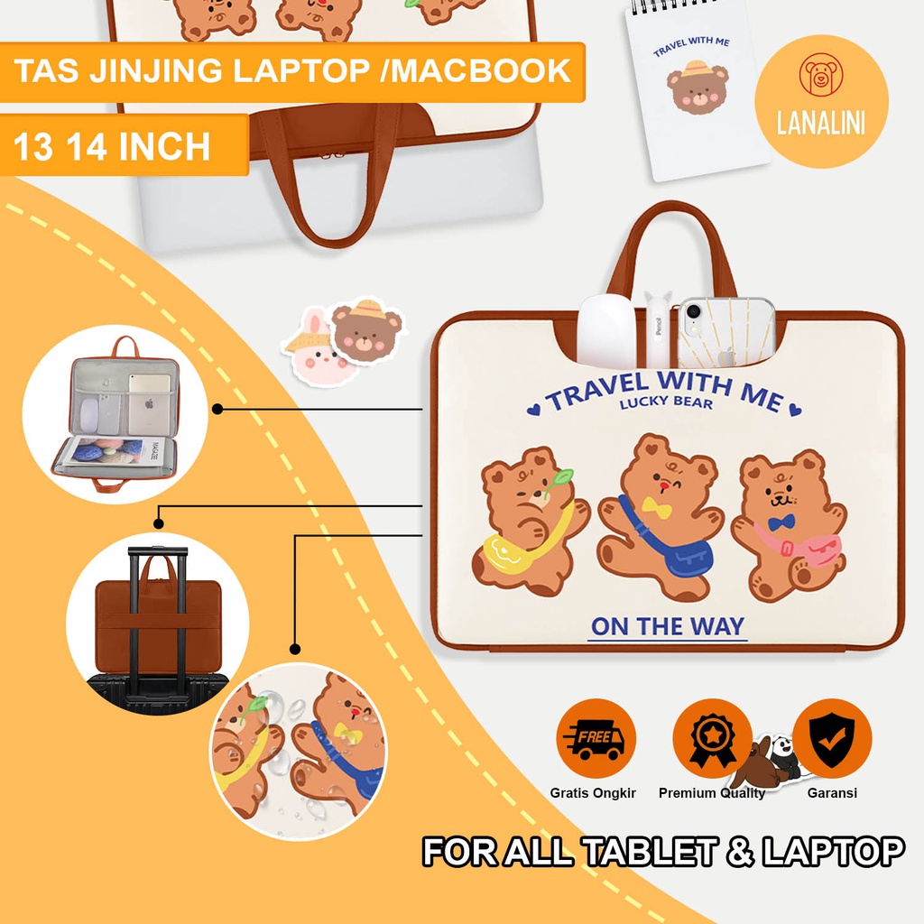 Sleeve Pouch Sarung Tas Bag Case Ipad Tab Tablet Macbook Air Pro Laptop Asus Acer Lenovo HP Huawei 11 12 13 14 15 inch Motif Gambar Beruang Bear Warna Putih White Merah Cute Murah Korean Model Jinjing Tali Strap Leather Waterproof Tahan Air