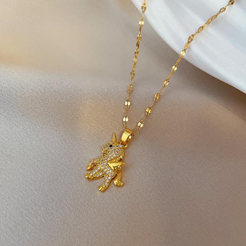 Kalung Liontin Unicorn Bahan Stainless Steel Lapis Emas 18K Hias Cubic Zirconia Untuk Wanita