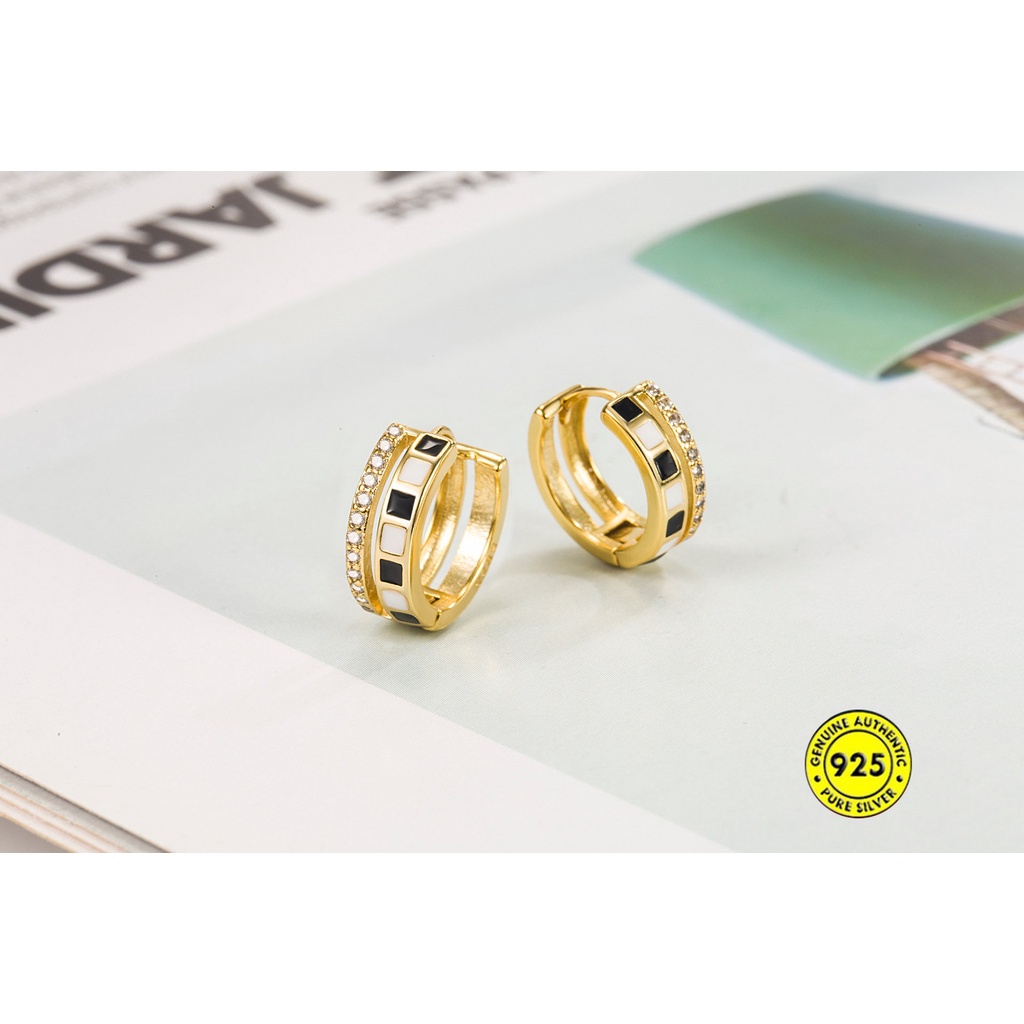 Anting Tusuk Lapis Emas Putih 18K Model Papan Catur Aksen Berlian Imitasi Untuk Wanita U1069