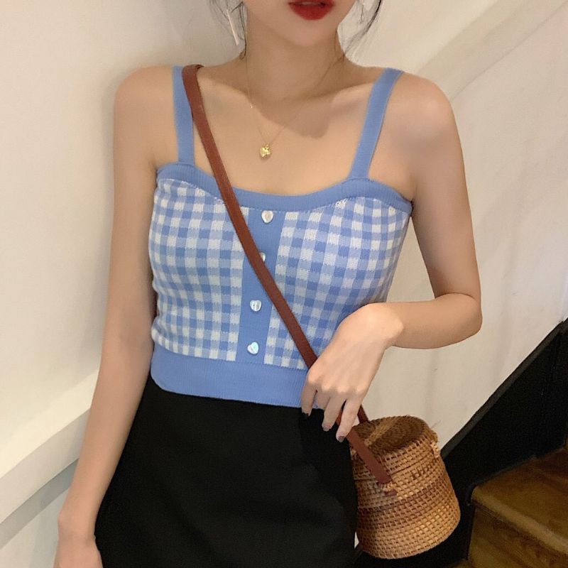 KOREAN SQUARE KNIT CROP TANK TOP WANITA MOTIF KOTAK - KOTAK  (PRELOVED)