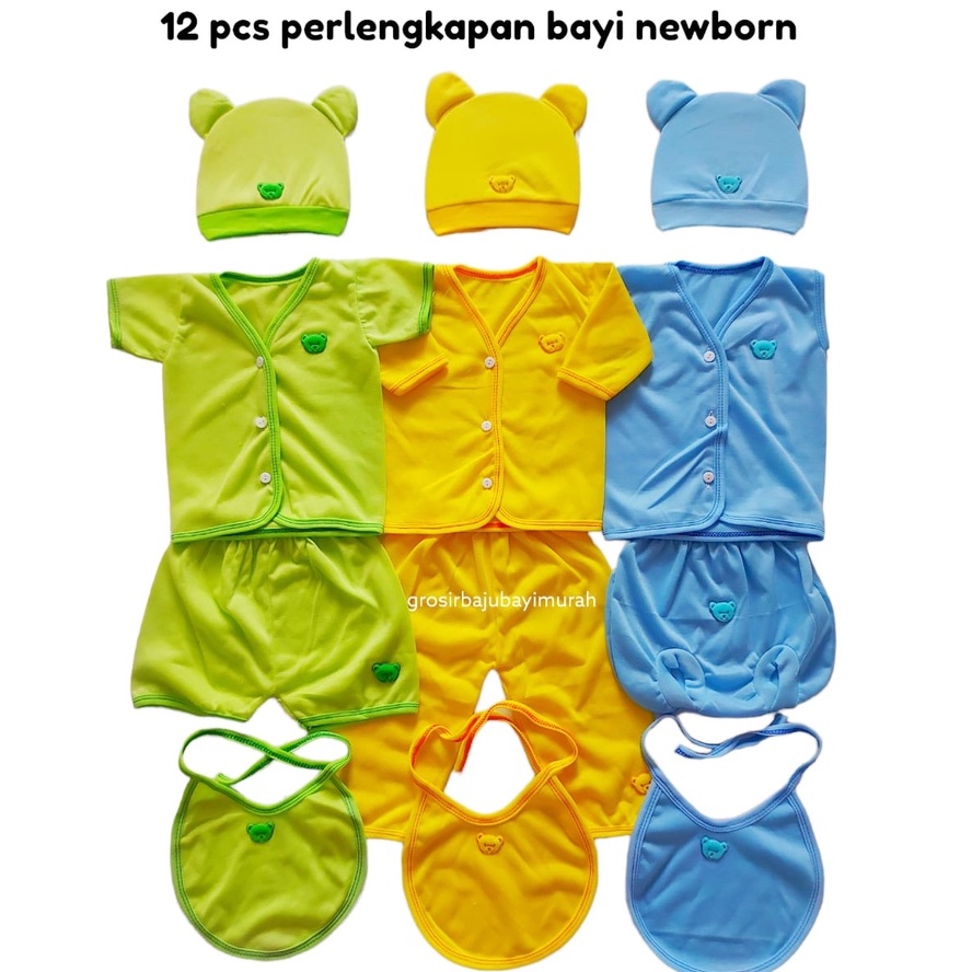 12 pcs paket baju bayi topi slaber 0-3 bulan DIO POLOS