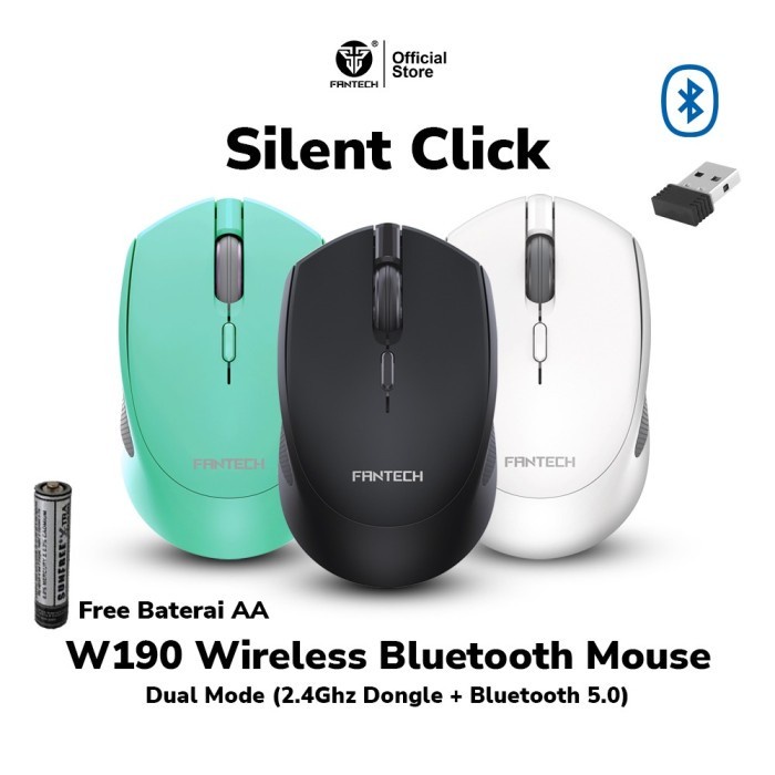 Fantech Wireless Bluetooth Mouse W190 Dual Mode Free Baterai