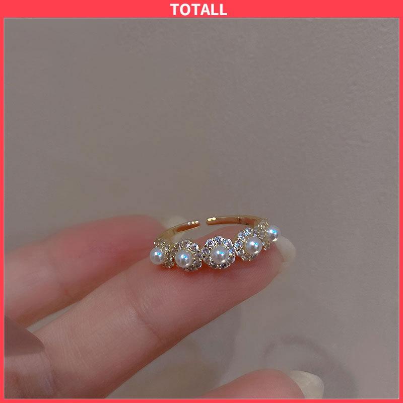 COD Double-layer Retro Pearl Diamond Ring Niche Light Desain Mewah Cincin Dapat Disesuaikan Terbuka-Totall