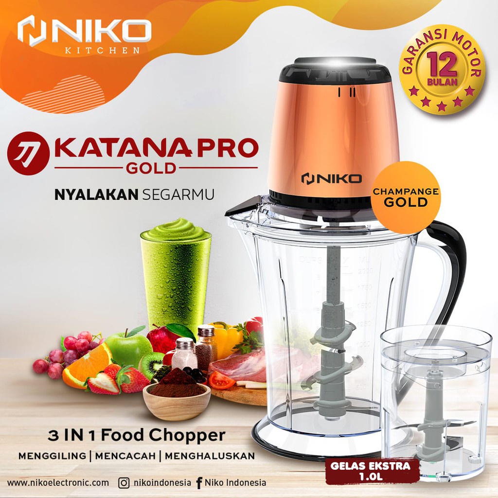 NIKO Food Chopper 3in1 KATANA NEXT ROSE & PRO GOLD + Gelas Ekstra 1 L