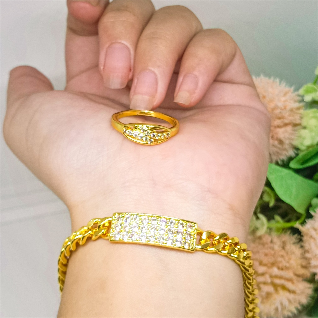 xuping set Gelang Tangan Bangle+Cincin 24K emas