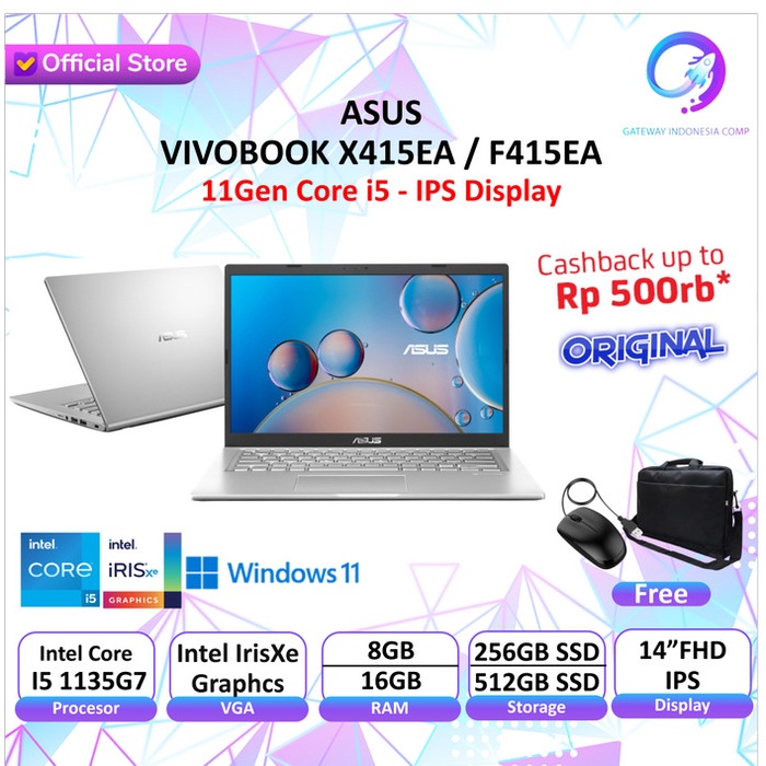 {MahesStore} ASUS VIVOBOOK F415EA i5 1135G7 8GB 256 / 512 SSD 14FHD Windows10 - Tanpa Tambahan 8GB/2