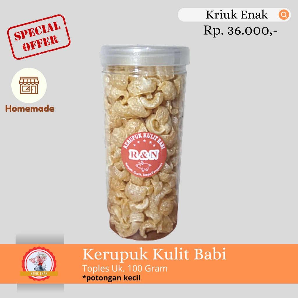 

KERUPUK KULIT BABI RENYAH DAN GURIH - UKURAN BARU 100 GRAM KEMASAN TOPLES