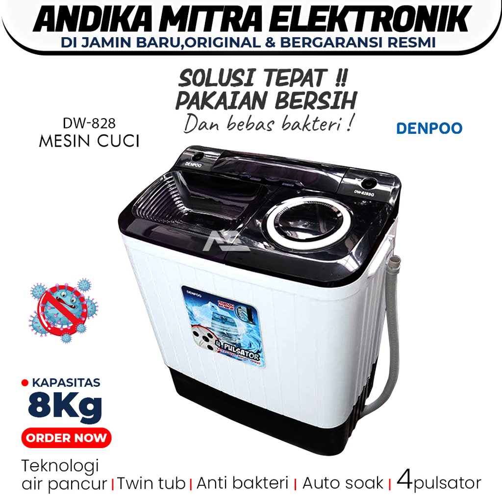 Mesin Cuci Denpoo 8 Kg DW 828 4P Model Baru Dilengkapi Papan Penggilas Terbaru dan Super Hemat Listrik