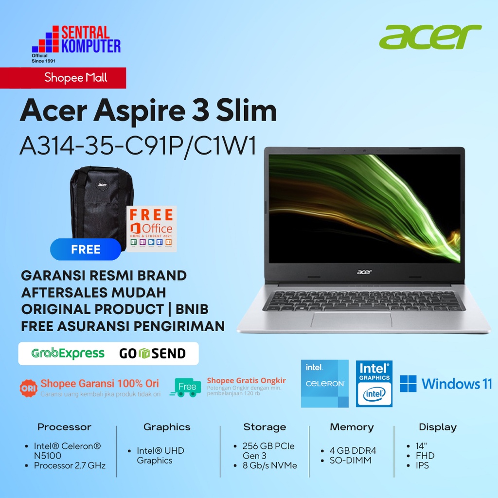 Acer Aspire 3 Slim A314-35 C91P Celeron N5100-4GB-256GB SSD-Win 11+OHS