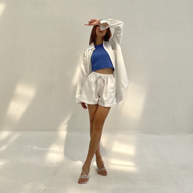 BLANC SET | Set Kemeja Wanita Panjang Setelan Celana Pendek Highwaist Short Oversized Korean Outer Shirt