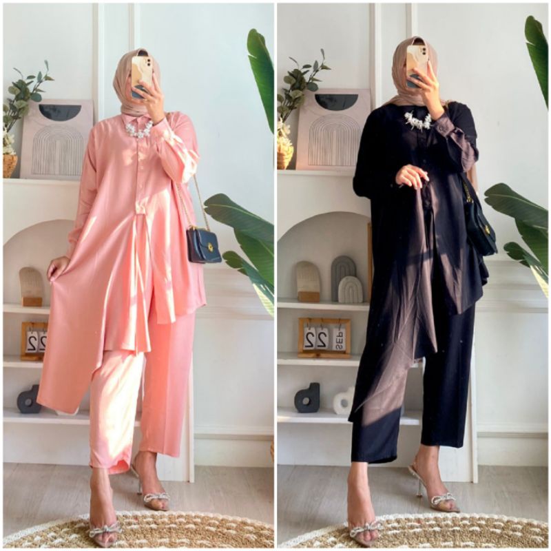 BISA COD AZKIYAHIJAB29 SET TUNIK RAYON TWILL ONE SET LONG TUNIK SETELAN BAJU MUSLIM WANITA ONESET PE