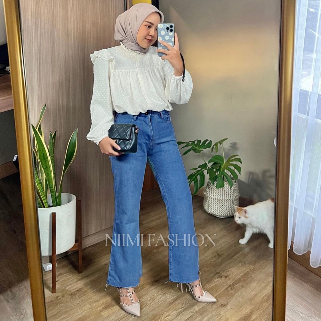 NIMI - Michella Celana Jeans Cutbray Wanita Cutbray Highwaist Jeans Unfinished