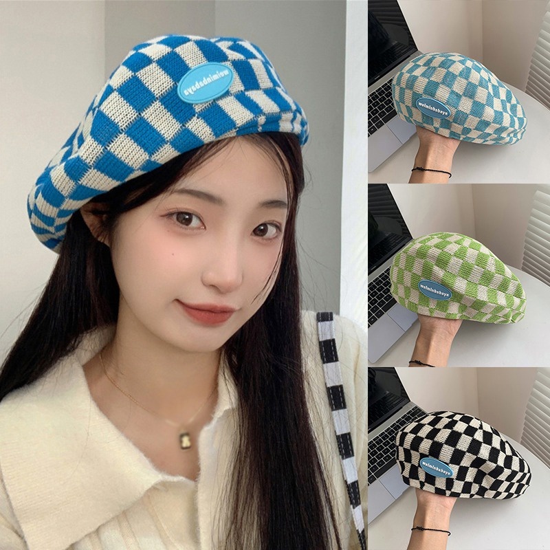 Topi Baret Rajut Motif Kotak-Kotak Gaya Korea Untuk Wanita