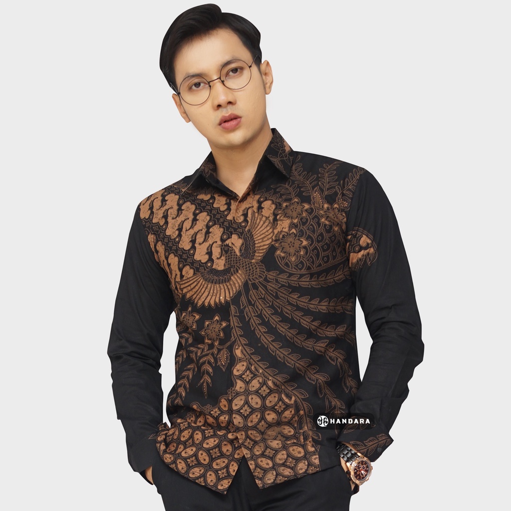 Baju Kemeja Batik Pria Lengan Panjang Slim Fit Premium Modern Full Furing Katun Halus Original Handara Motif Mekar Sari Hitam HB-263