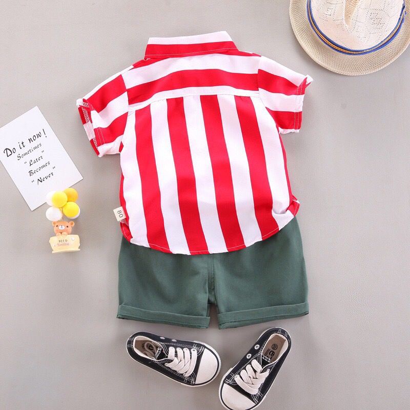 LID7001 - Baju + Celana Pendek Cotton Set 2in1 Setelan Bayi Lengan Pendek Garis