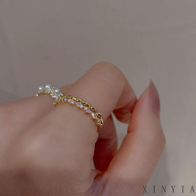 【COD】Cincin Berlian Mutiara Double layer Model Terbuka Adjustable Gaya Retro