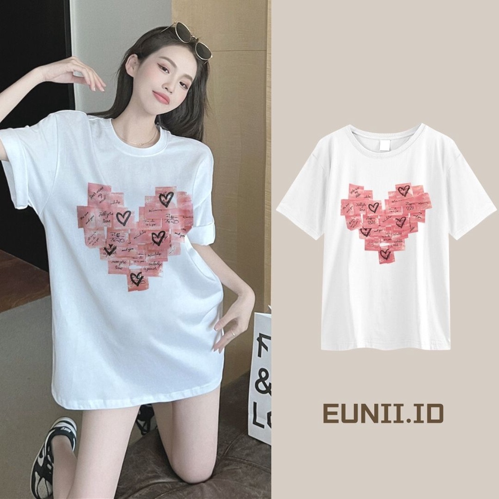 EUNII T-shirt Lengan Pendek Modis Cinta Pencetakan Longgar Korean Style/Kaos Atasan Wanita/Baju Kaus Oversize Wanita