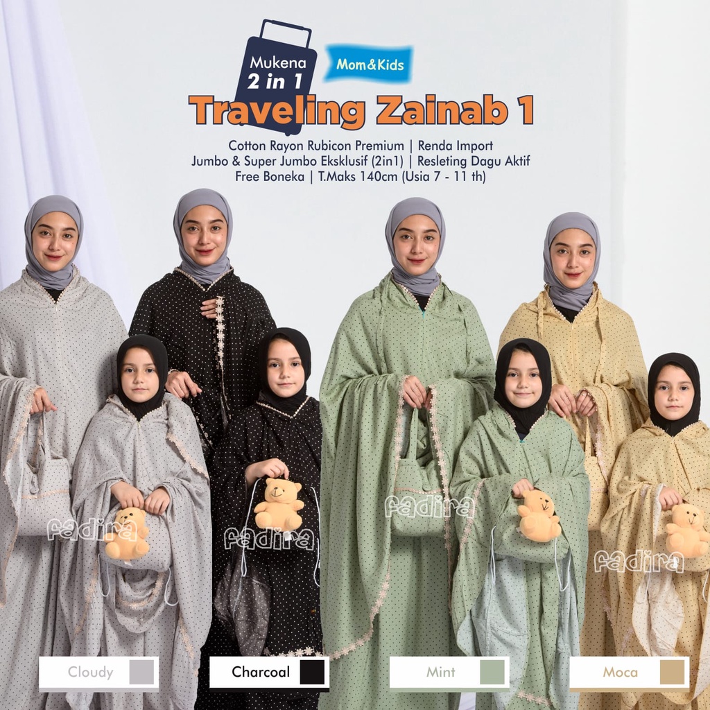 Mukena Travelling 2 in 1 Motif Polka Kecil / Rukuh Resleting / Telekung 2 in 1 by Fadira