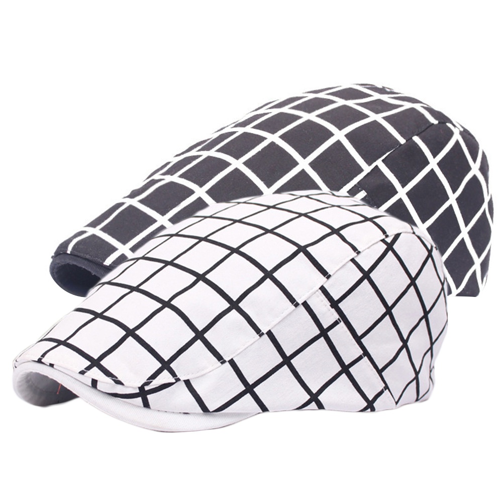 Topi Baret Adjustable Motif Kotak-Kotak Bahan Katun Untuk Pria Dan Wanita