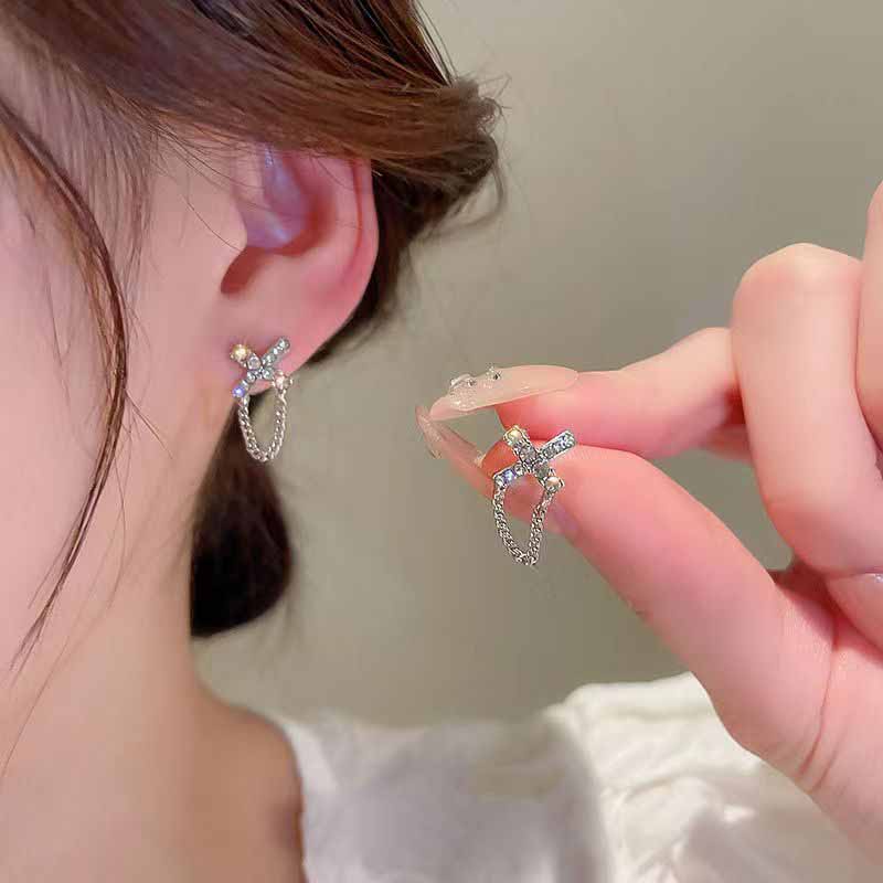 Anting Tusuk Gantung Desain Geometri Silang Hias Berlian Imitasi Gaya Koreasimpleunikelegan Untuk Wanita