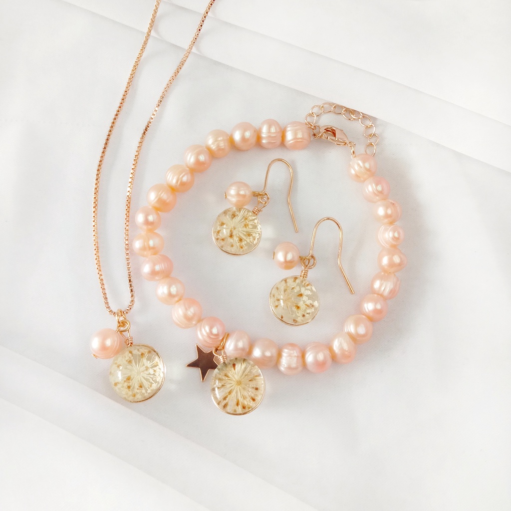 (FREE BOX) Set Kalung Anting dan Gelang Mutiara Air Tawar Asli Lombok Daisy Flower